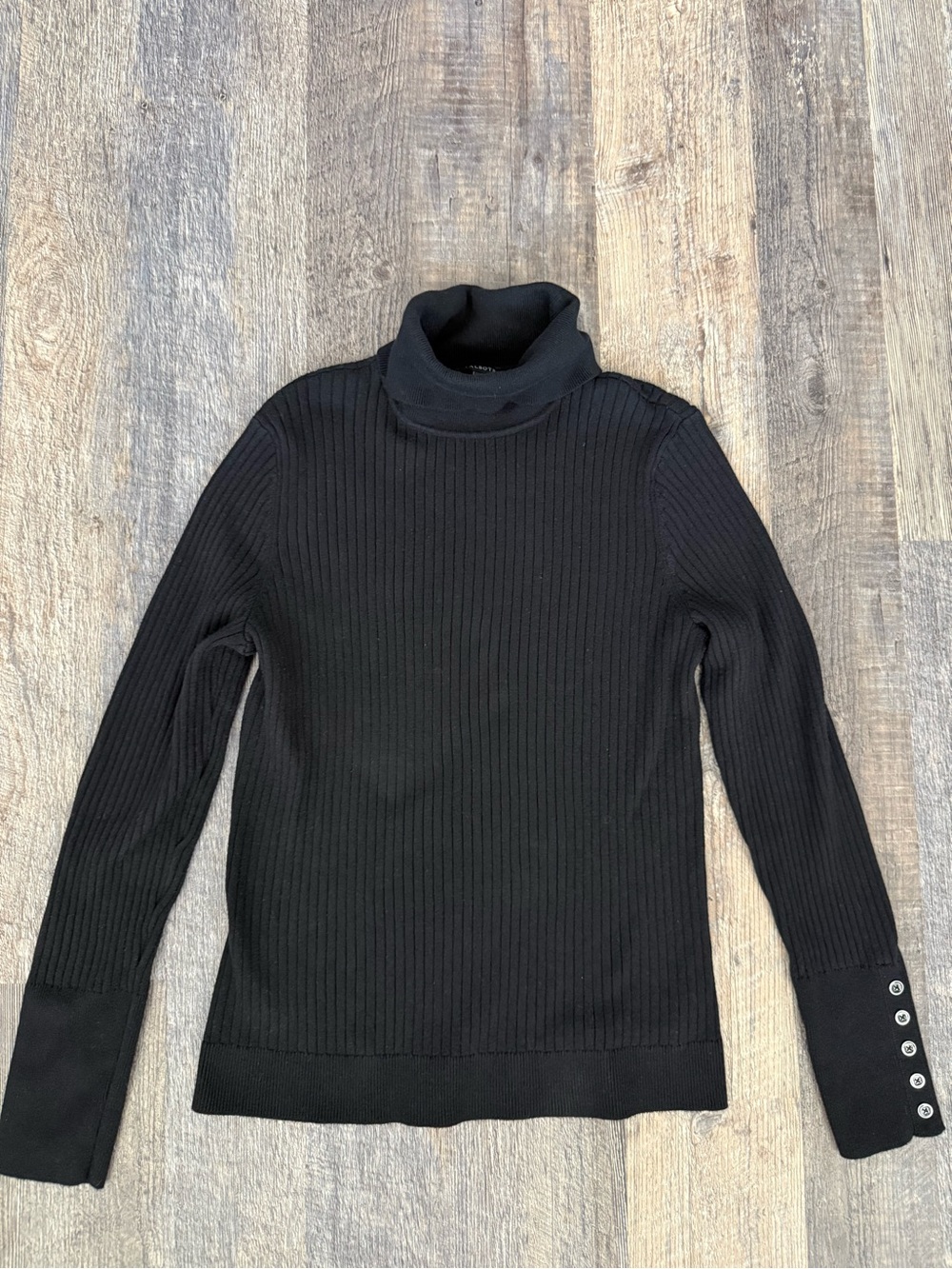 Talbots Black Ribbed Turtleneck Sweater Button Cuff Cotton Blend Large - Picture 3 of 9